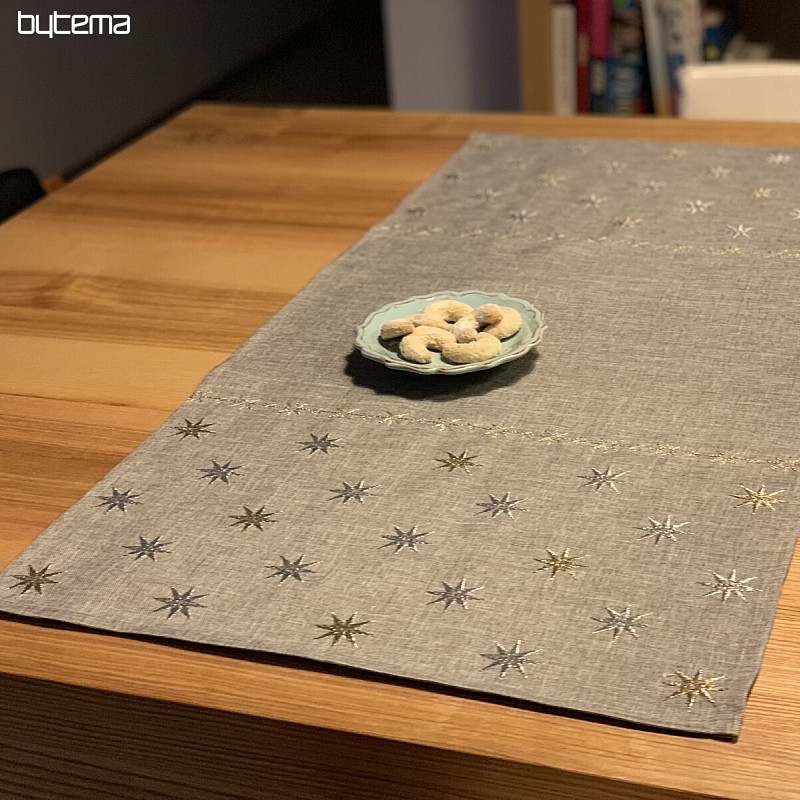 Embroidered gray-beige Christmas tablecloth with stars