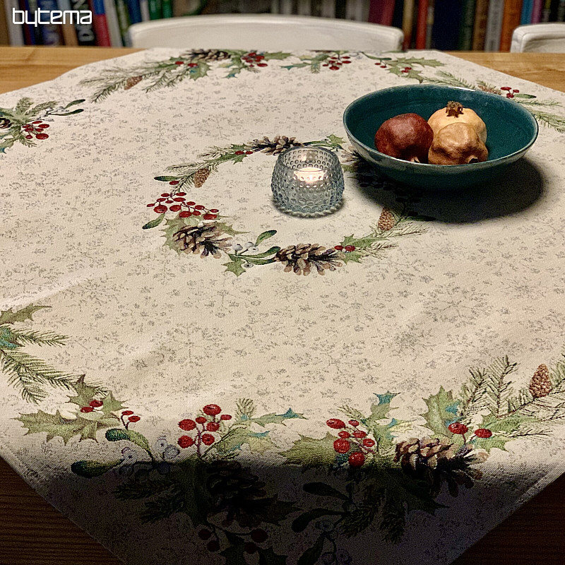 Tapestry tablecloth, shawl and table setting PINE and MISTLETTE