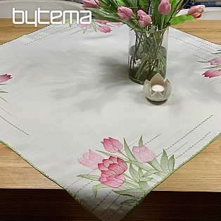 Embroidered tablecloth and scarf Pink tulips