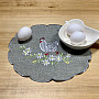 Embroidered Easter tablecloth and scarf HEN AND FLOWERS gray