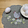 Embroidered Easter tablecloth and scarf HEN AND FLOWERS gray