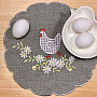 Embroidered Easter tablecloth and scarf HEN AND FLOWERS gray